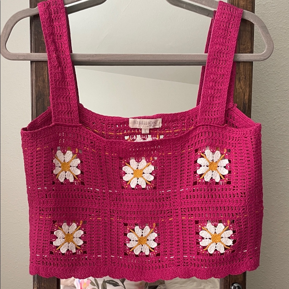 Rebellion Fuchsia Crochet Floral Crop Tank with White and Yellow Accents.